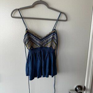 Free People Navy/Gold Embroidered Halter Top | Size S